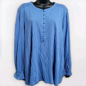 J Jill Blue Button Front Blouse Size XL Smocked Detailing 3/4 Slv Boho Relaxed